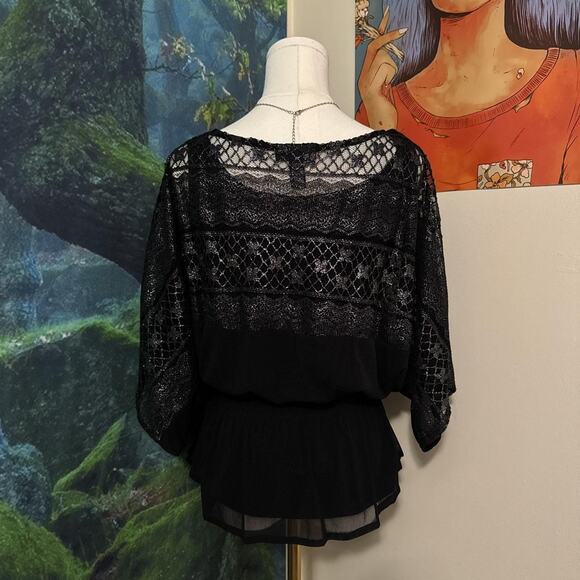alfani black lace sheer blouse shimmer batwing sleeve peplum top xs - Picture 3 of 5